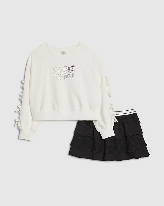River Island Girls Sweatshirt & Skirt Set Black Bow Graphic 2 Piece - Image 1