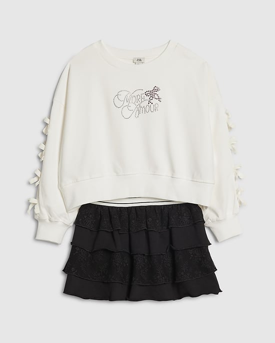 River Island Girls Sweatshirt & Skirt Set Black Bow Graphic 2 Piece - Image 5