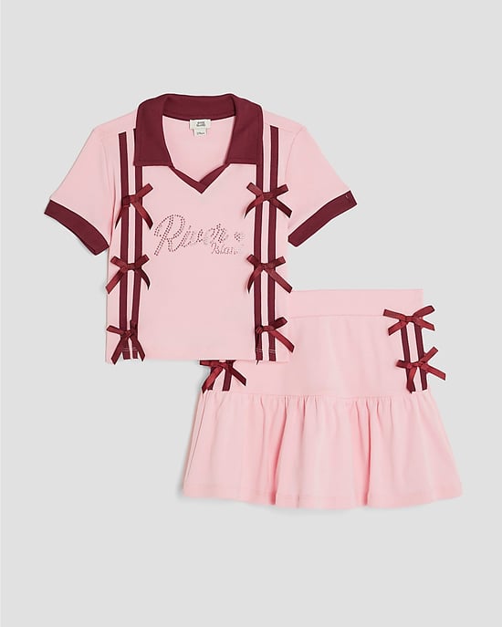 River Island Girls Polo Top & Skirt Set Pink Bow 2 Piece - Image 1
