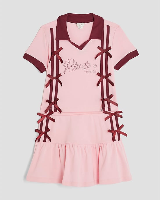 River Island Girls Polo Top & Skirt Set Pink Bow 2 Piece - Image 5