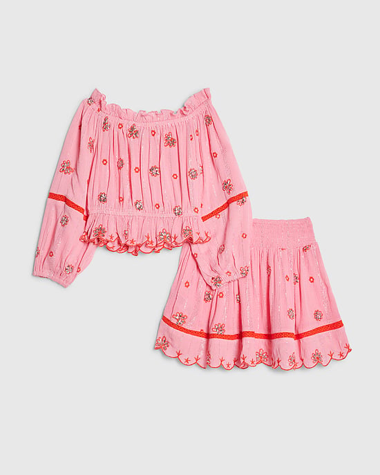 River Island Girls Top & Skirt Set Pink Embroidered Mirror 2 Piece - Image 2