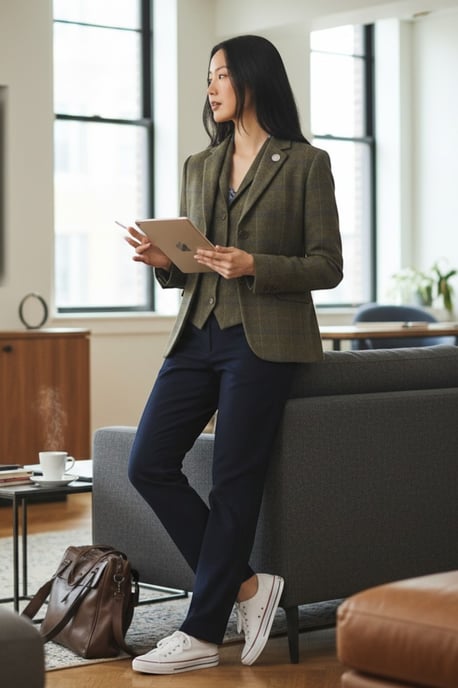 Dames olijfgroen 2-delig geruit formele tweed blazer en gilet - TPSTZ-7 - Image 3