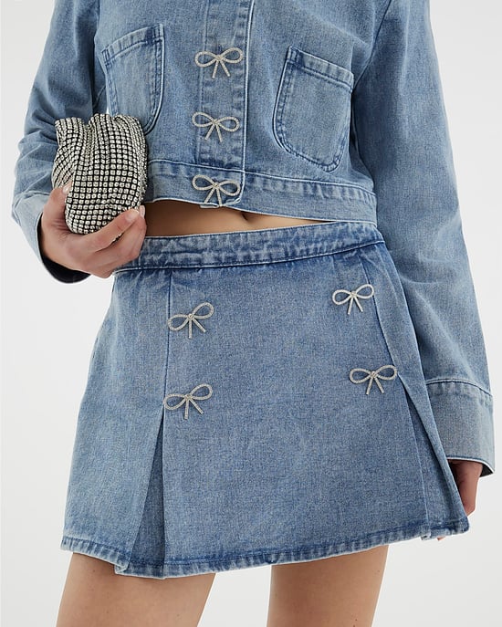 River Island Womens Skort Blue Denim Diamante Bow Button - Image 1