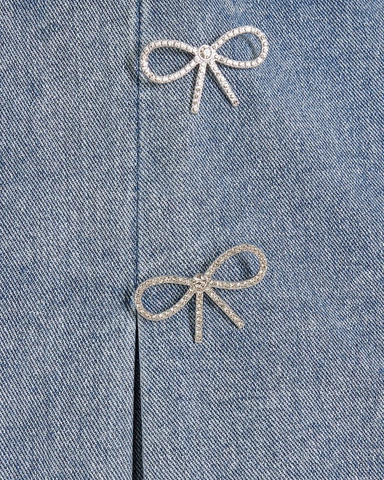 River Island Womens Skort Blue Denim Diamante Bow Button - Image 5
