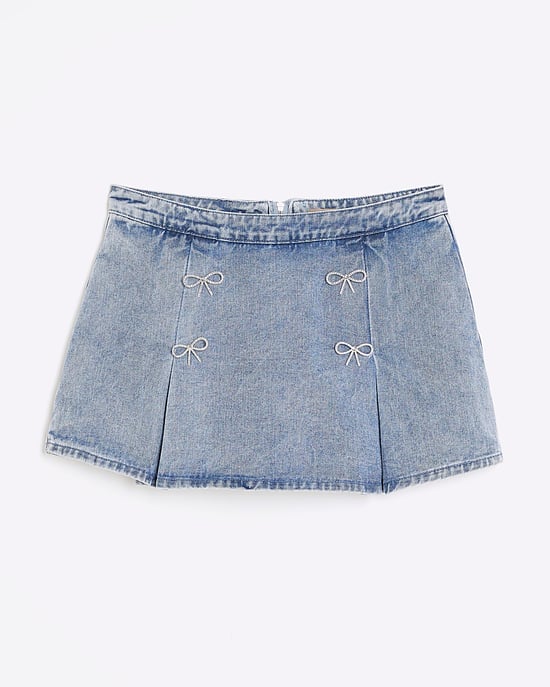 River Island Womens Skort Blue Denim Diamante Bow Button - Image 6