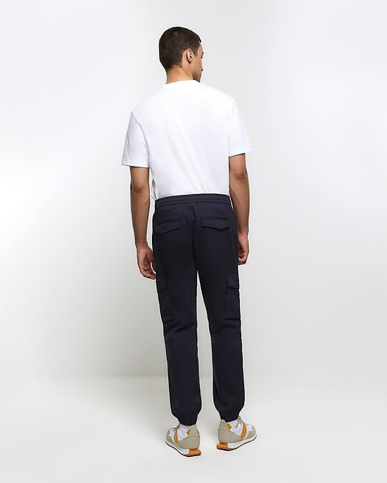 River Island Mens Cargo Joggers Washed Navy Slim Fit - Image 3