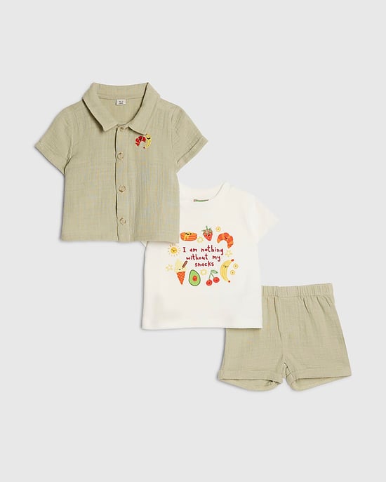 River Island Baby Boys T-Shirt Set Green Snacks 3 Piece Shirt Shorts - Image 1