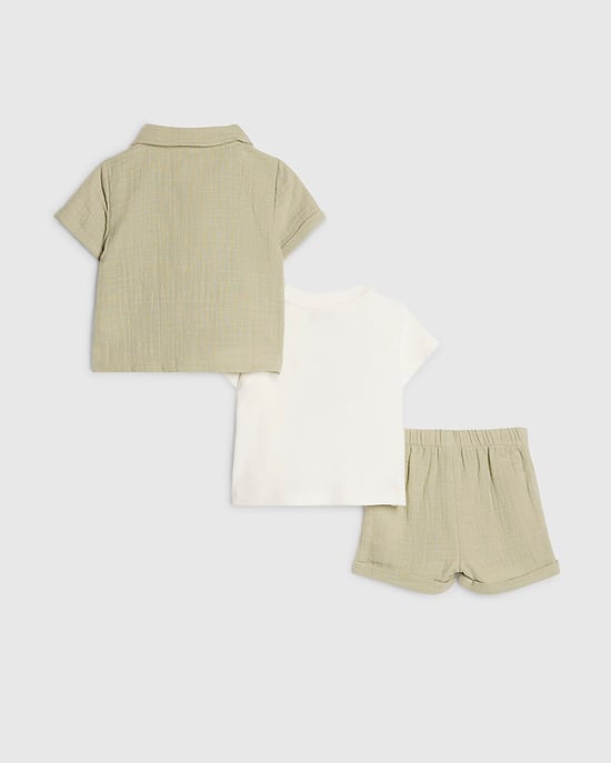 River Island Baby Boys T-Shirt Set Green Snacks 3 Piece Shirt Shorts - Image 2