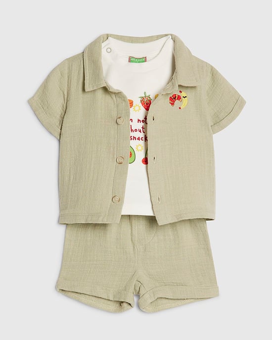 River Island Baby Boys T-Shirt Set Green Snacks 3 Piece Shirt Shorts - Image 5