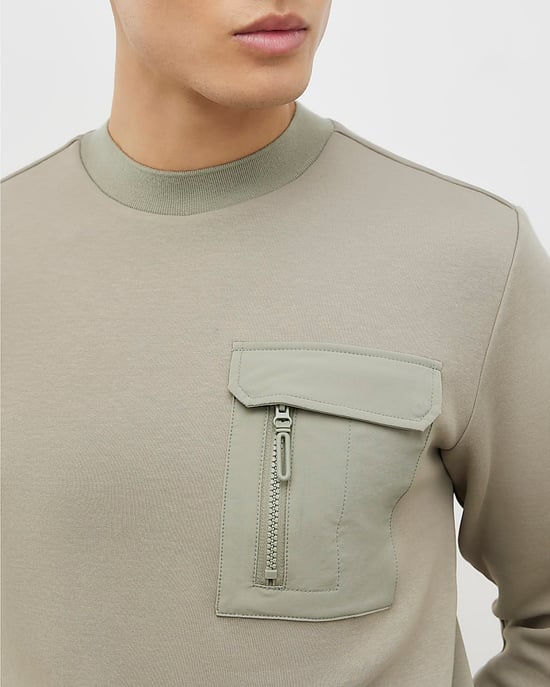 River Island Mens Sweatshirt Khaki Slim Fit Nylon Pocket - Image 2