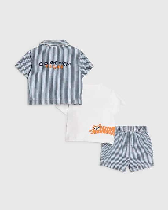 River Island Baby Boys Shirt Set Blue Stripe T-Shirt Shorts 3 Piece - Image 2