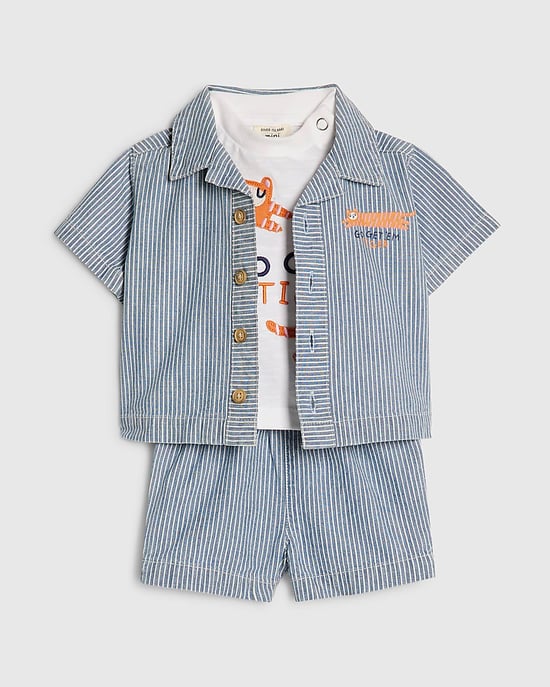 River Island Baby Boys Shirt Set Blue Stripe T-Shirt Shorts 3 Piece - Image 5