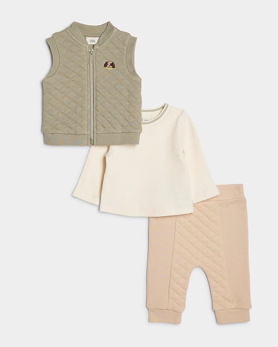 River Island Baby Boys Gilet Set Khaki Quilted 3 Piece Top Pants - Image 1