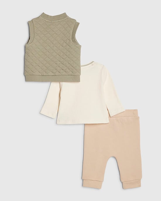 River Island Baby Boys Gilet Set Khaki Quilted 3 Piece Top Pants - Image 2