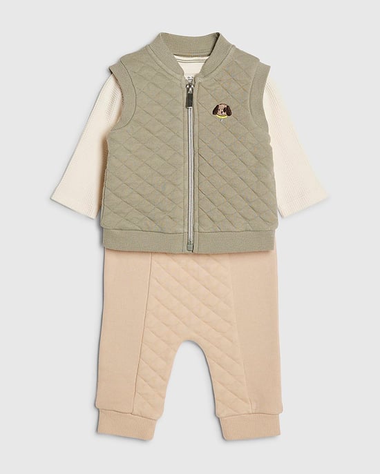 River Island Baby Boys Gilet Set Khaki Quilted 3 Piece Top Pants - Image 5