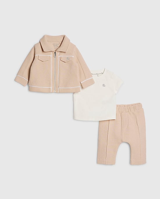River Island Baby Boys Shacket Set Cream 3 Piece T-Shirt Joggers - Image 1