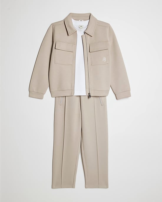 River Island Boys Jacket Set Beige Premium 3 Piece T-Shirt Joggers - Image 5