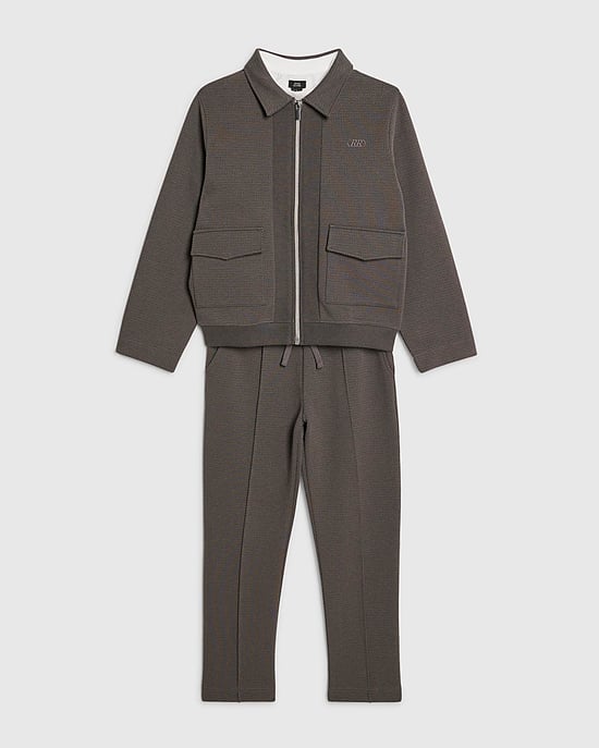 River Island Boys Jacket Set Grey Textured 3 Piece T Shirt Joggers - Image 5