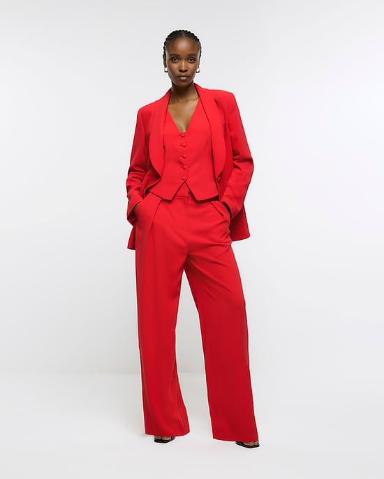 River Island Womens Wide Leg Trousers Red Pleated Button - Image 2