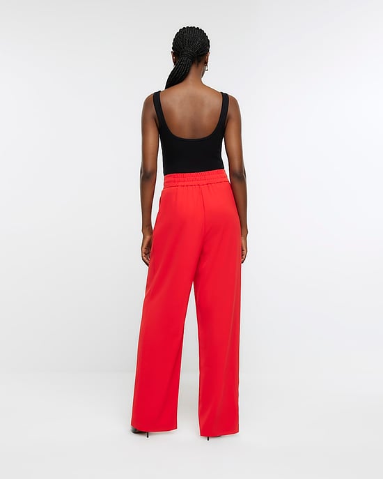 River Island Womens Wide Leg Trousers Red Pleated Button - Image 3