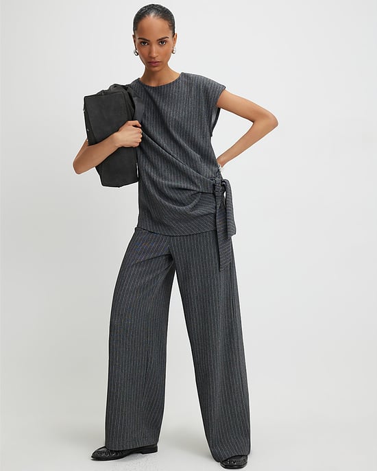 River Island Womens Wide Leg Trousers Grey Pinstripe Drawstring - Image 1