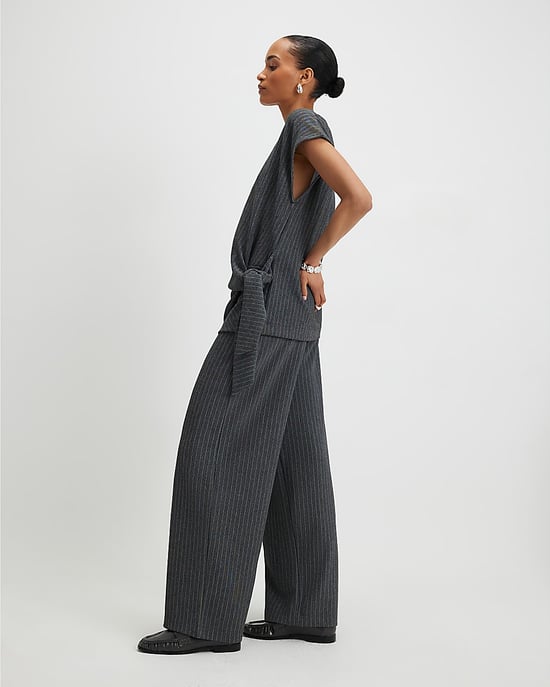 River Island Womens Wide Leg Trousers Grey Pinstripe Drawstring - Image 2