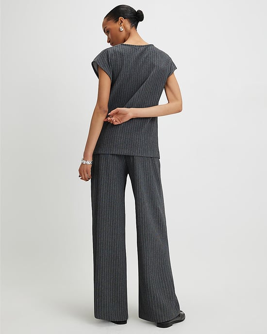 River Island Womens Wide Leg Trousers Grey Pinstripe Drawstring - Image 3