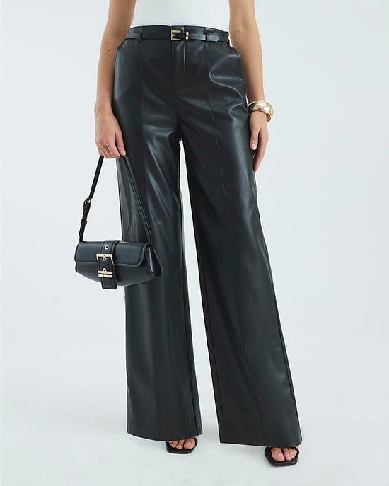 River Island Womens Wide Leg Trousers Black Faux Leather Belted - Image 1