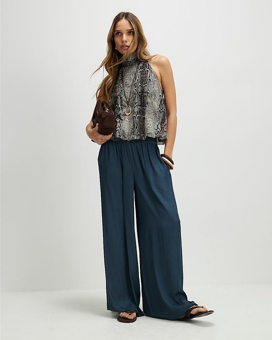 River Island Womens Trousers Blue Satin Elasticated Flowing - Image 1