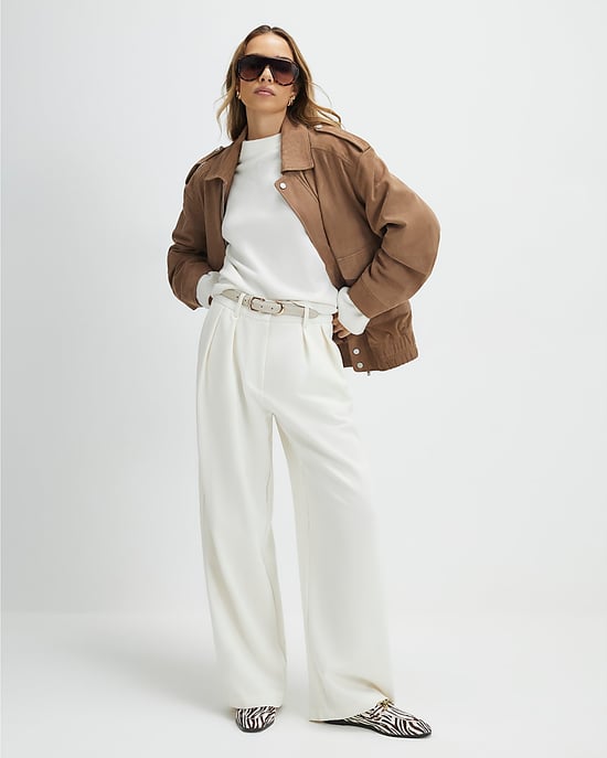 River Island Womens Wide Leg Trousers Cream Belted - Image 1