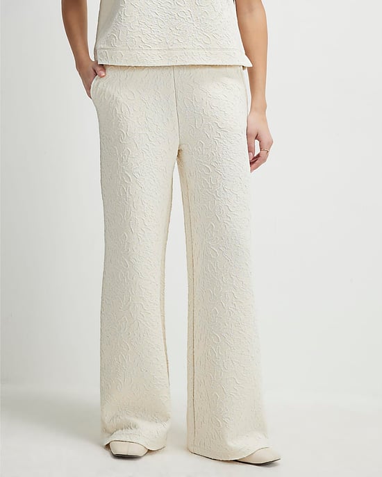 River Island Womens Wide Leg Trousers Cream Jacquard Texture - Image 1