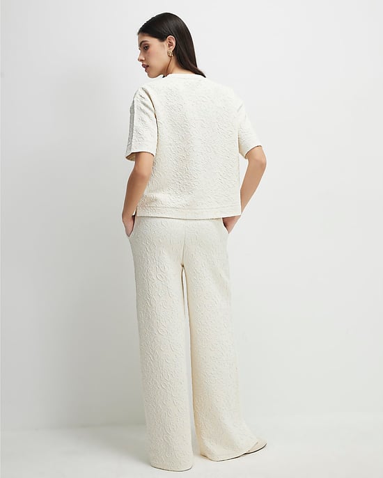River Island Womens Wide Leg Trousers Cream Jacquard Texture - Image 3