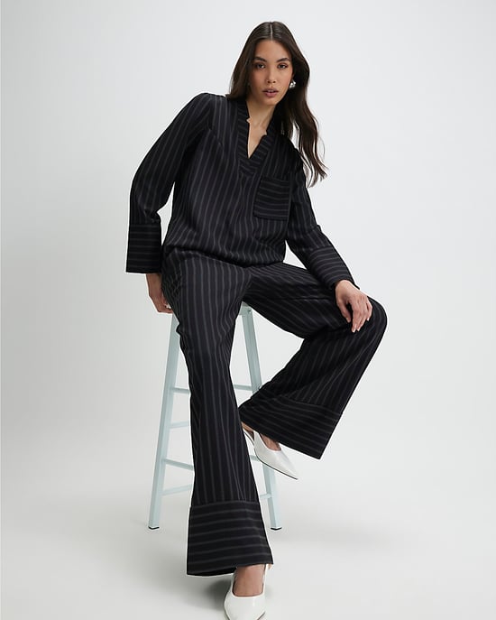 River Island Womens Wide Leg Trousers Black Striped Turned Up Hem - Image 1