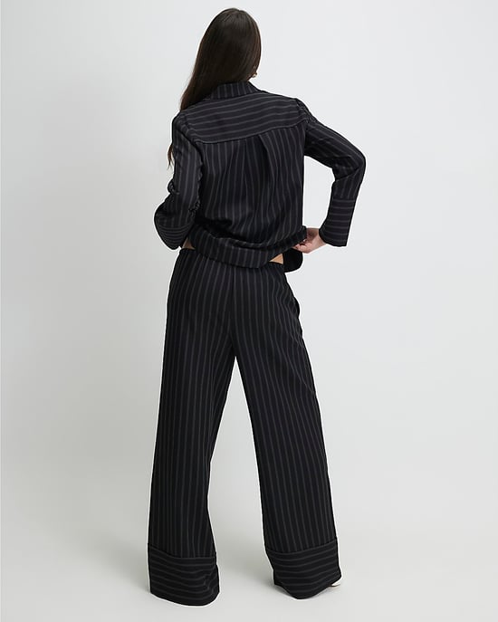 River Island Womens Wide Leg Trousers Black Striped Turned Up Hem - Image 2