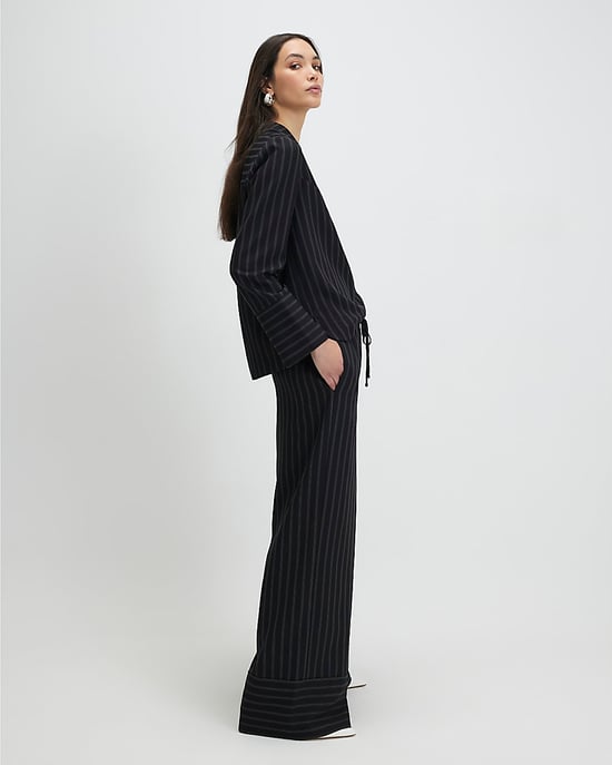 River Island Womens Wide Leg Trousers Black Striped Turned Up Hem - Image 3