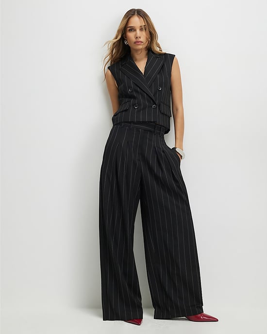 River Island Womens Wide Leg Trousers Black Pinstripe - Image 1