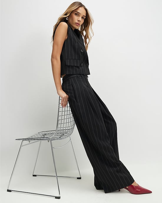River Island Womens Wide Leg Trousers Black Pinstripe - Image 3