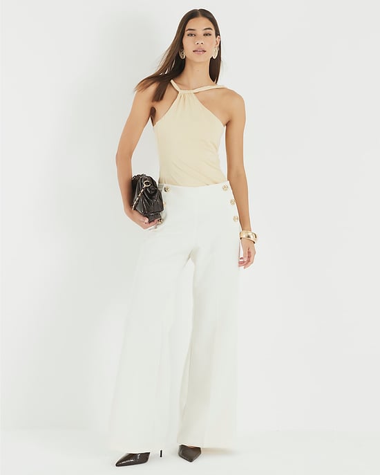 River Island Womens Wide Leg Trousers Cream Button Front - Image 1