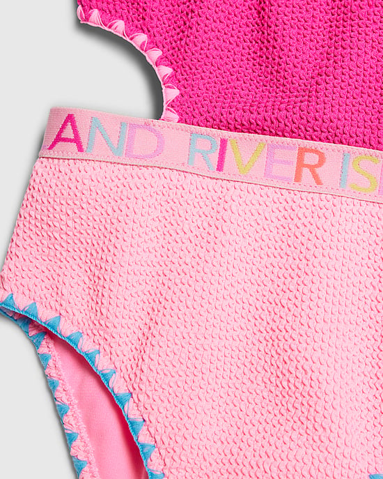 River Island Girls Swimsuit Pink Textured Asymmetric Swimwear - Image 2