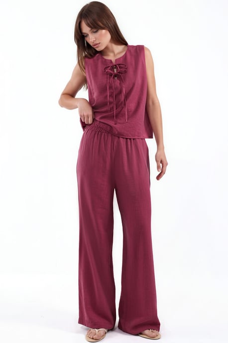 Viscose Blend Blouse with Tie Detail & Elastic Waist Pants Set - Image 1