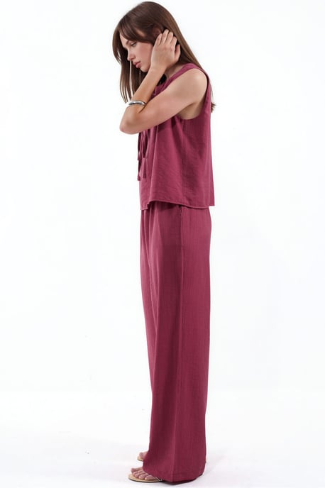 Viscose Blend Blouse with Tie Detail & Elastic Waist Pants Set - Image 2
