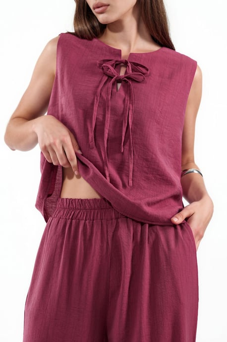 Viscose Blend Blouse with Tie Detail & Elastic Waist Pants Set - Image 4