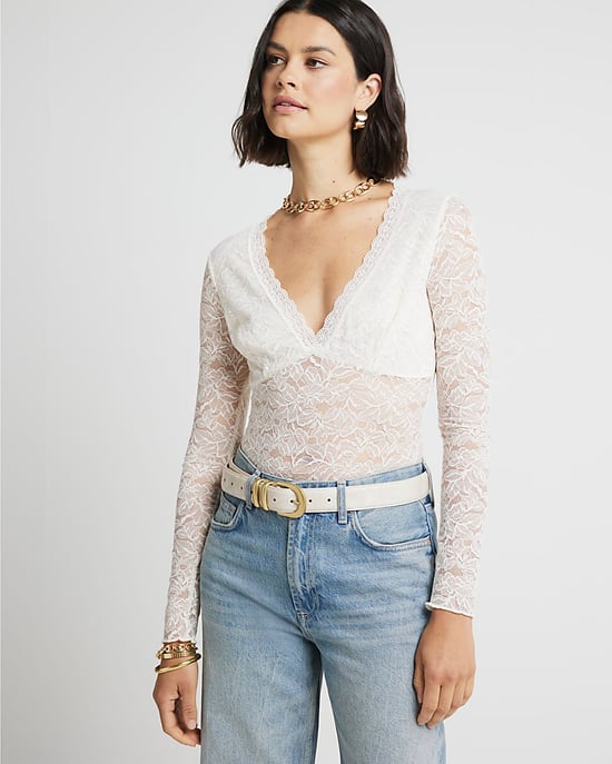 River Island Womens Bodysuit White Plunge Lace Long Sleeve - Image 1
