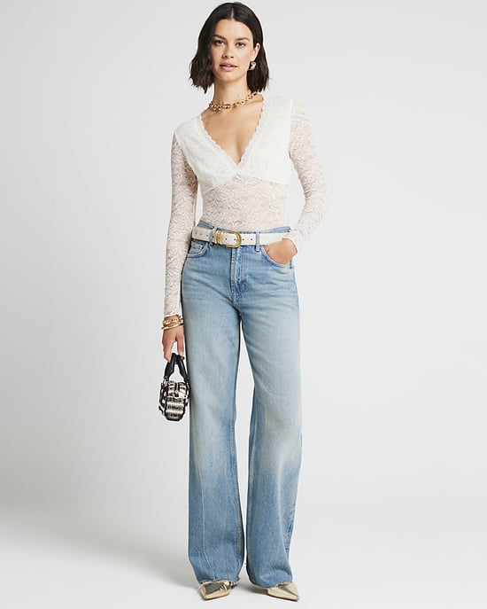 River Island Womens Bodysuit White Plunge Lace Long Sleeve - Image 2