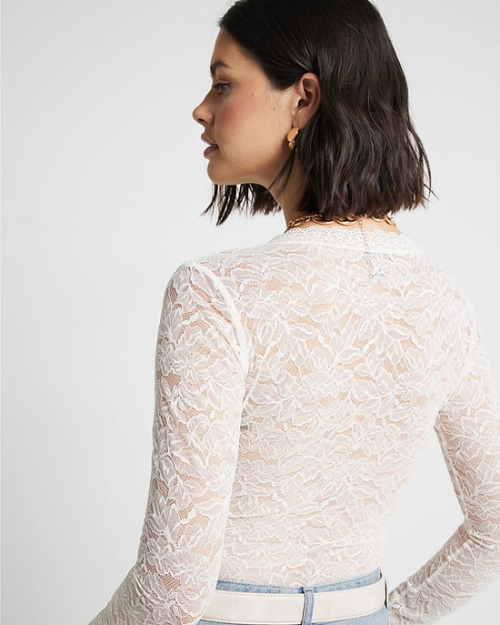 River Island Womens Bodysuit White Plunge Lace Long Sleeve - Image 3
