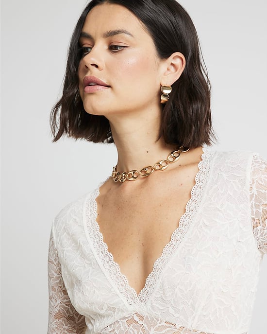 River Island Womens Bodysuit White Plunge Lace Long Sleeve - Image 4