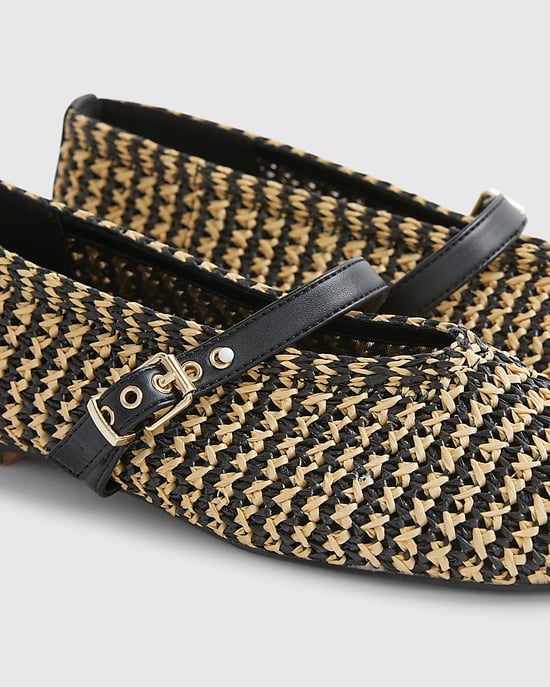River Island Womens Pumps Black Raffia Mary Jane Flat Heels Shoes - Image 4