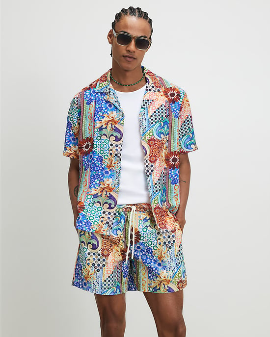 River Island Mens Swim Shorts Blue Mosaic Drawstring Del Maar - Image 1