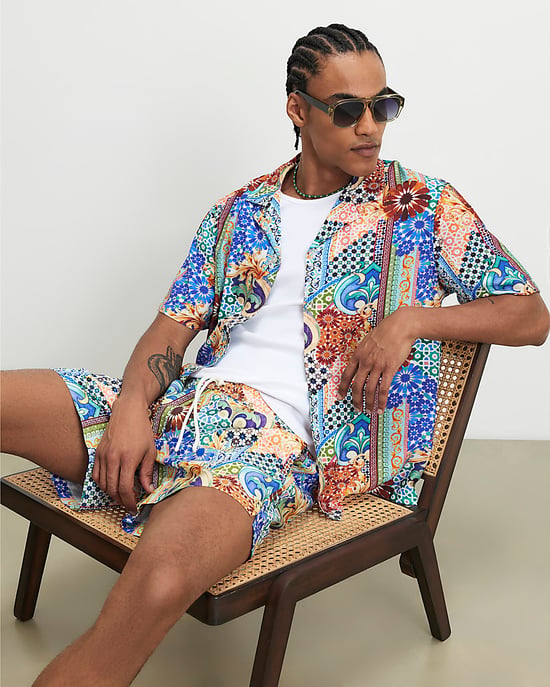 River Island Mens Swim Shorts Blue Mosaic Drawstring Del Maar - Image 3