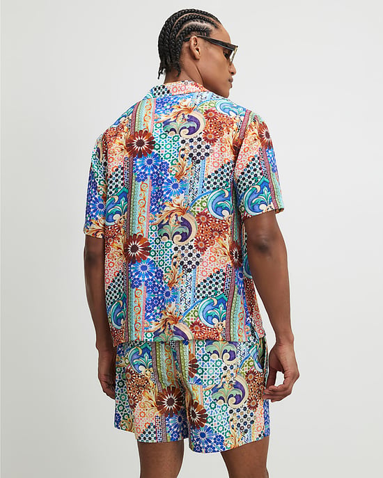 River Island Mens Swim Shorts Blue Mosaic Drawstring Del Maar - Image 4